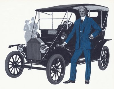 Henry Ford com o famoso modelo T que fez o nome e a fortuna da Ford de English School